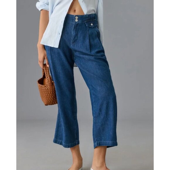 Pilcro Mid-Rise Pleated Trouser Jeans Medium Wash Ankle Belted Size 32 - Picture 1 of 6